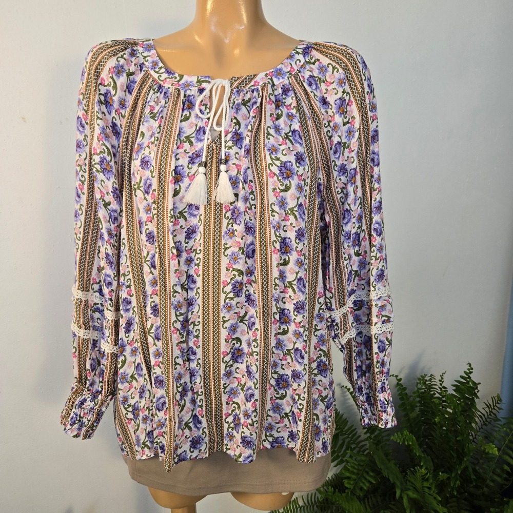 Jane + Delancey Peasant Blouse Womens Medium Purple Floral New Boho Tassel Top